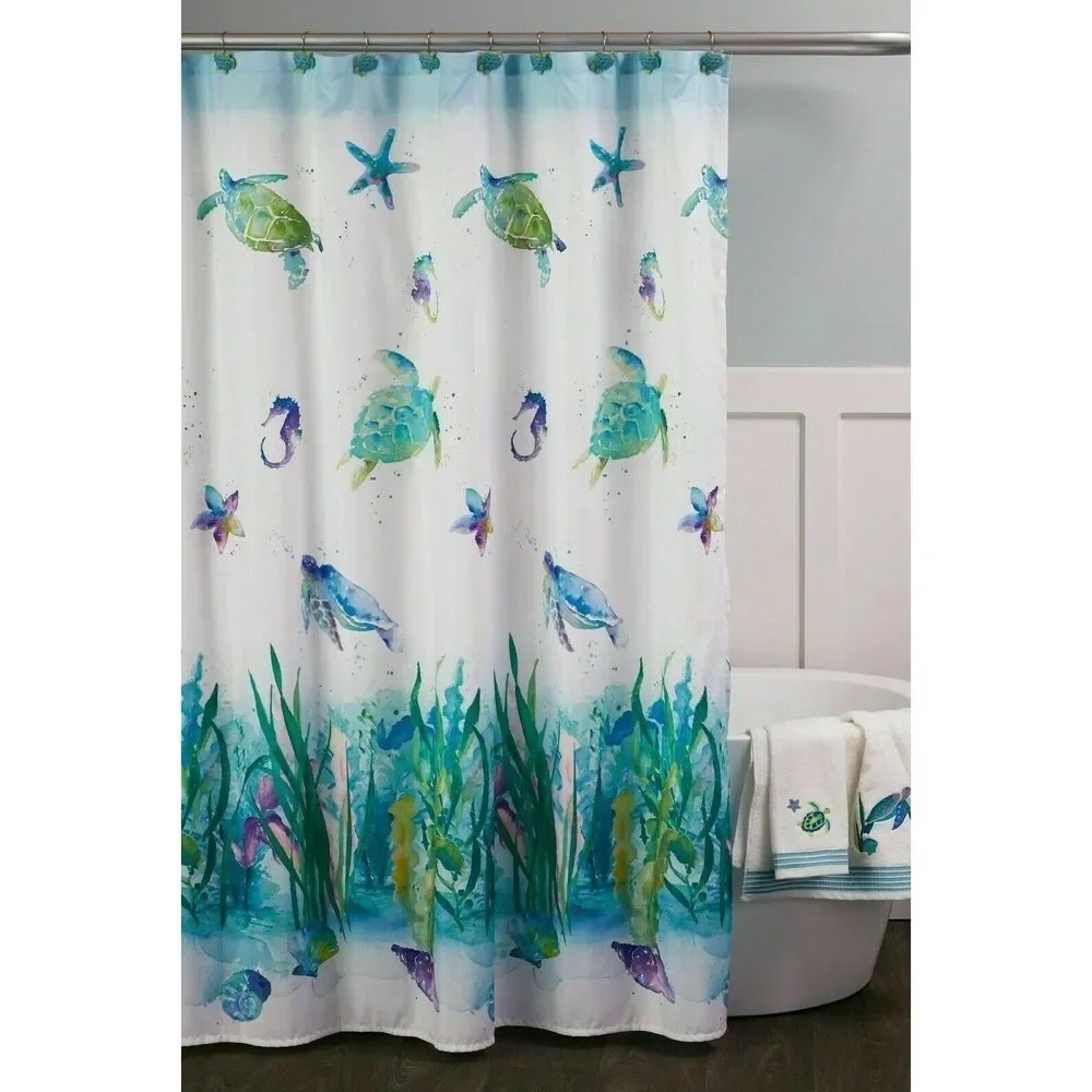 Sea Turtles Watercolor Fabric Shower Curtain Nautical Blue Green on White NEW